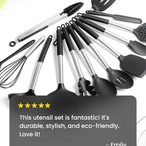 13-Piece Stainless Steel & Silicone Kitchen Utensil Set with Storage Bucket