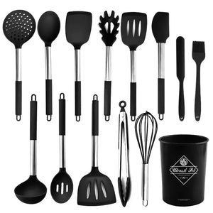 13-Piece Stainless Steel & Silicone Kitchen Utensil Set with Storage Bucket