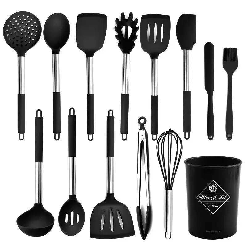 13-Piece Stainless Steel & Silicone Kitchen Utensil Set with Storage Bucket