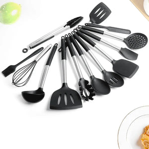 13-Piece Stainless Steel & Silicone Kitchen Utensil Set with Storage Bucket