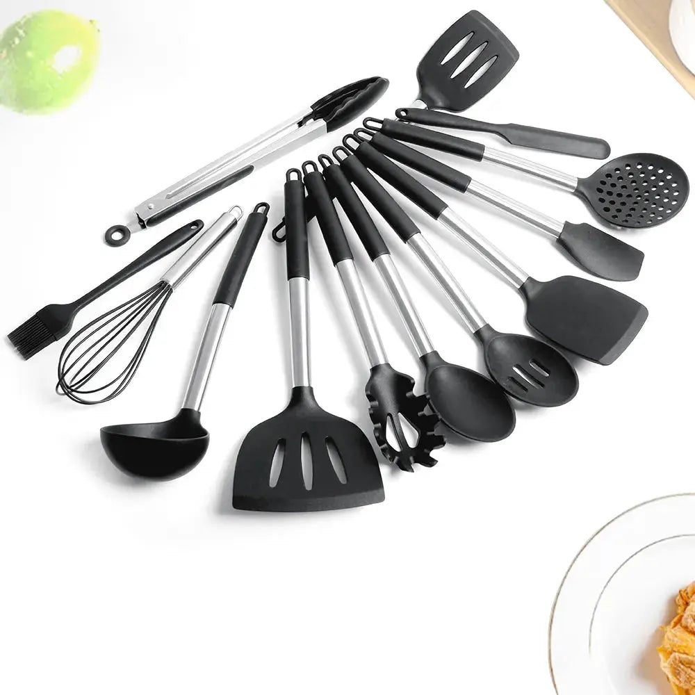 13-Piece Stainless Steel & Silicone Kitchen Utensil Set with Storage Bucket