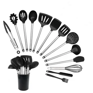 13-Piece Stainless Steel & Silicone Kitchen Utensil Set with Storage Bucket