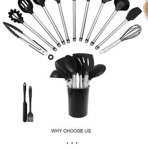 13-Piece Stainless Steel & Silicone Kitchen Utensil Set with Storage Bucket
