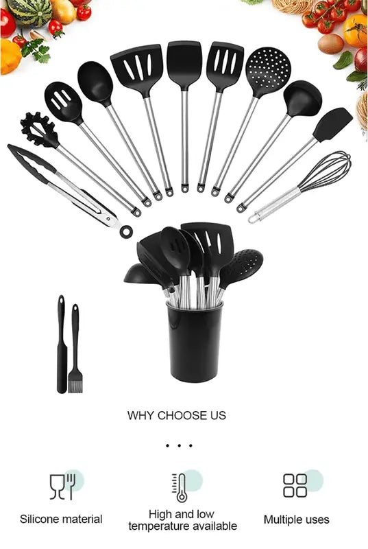 13-Piece Stainless Steel & Silicone Kitchen Utensil Set with Storage Bucket