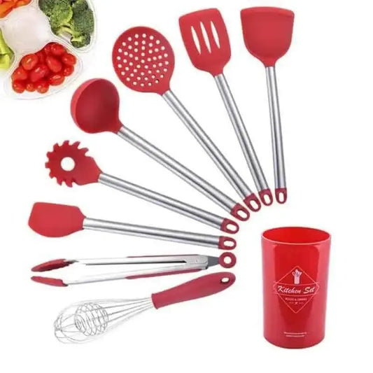Zero Waste Co - 9pcs/set Stainless Steel Silicone Kitchen Utensil Set with Storage Bucket