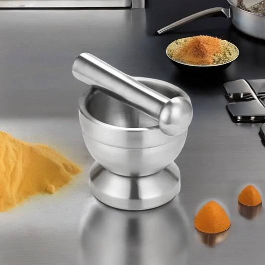 Zero Waste Co Stainless Steel Mortar and Pestle Pedestal Bowl Garlic Press Herb Mill